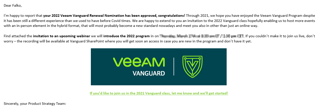 Veeam Vanguard 2022 Program E-Mail